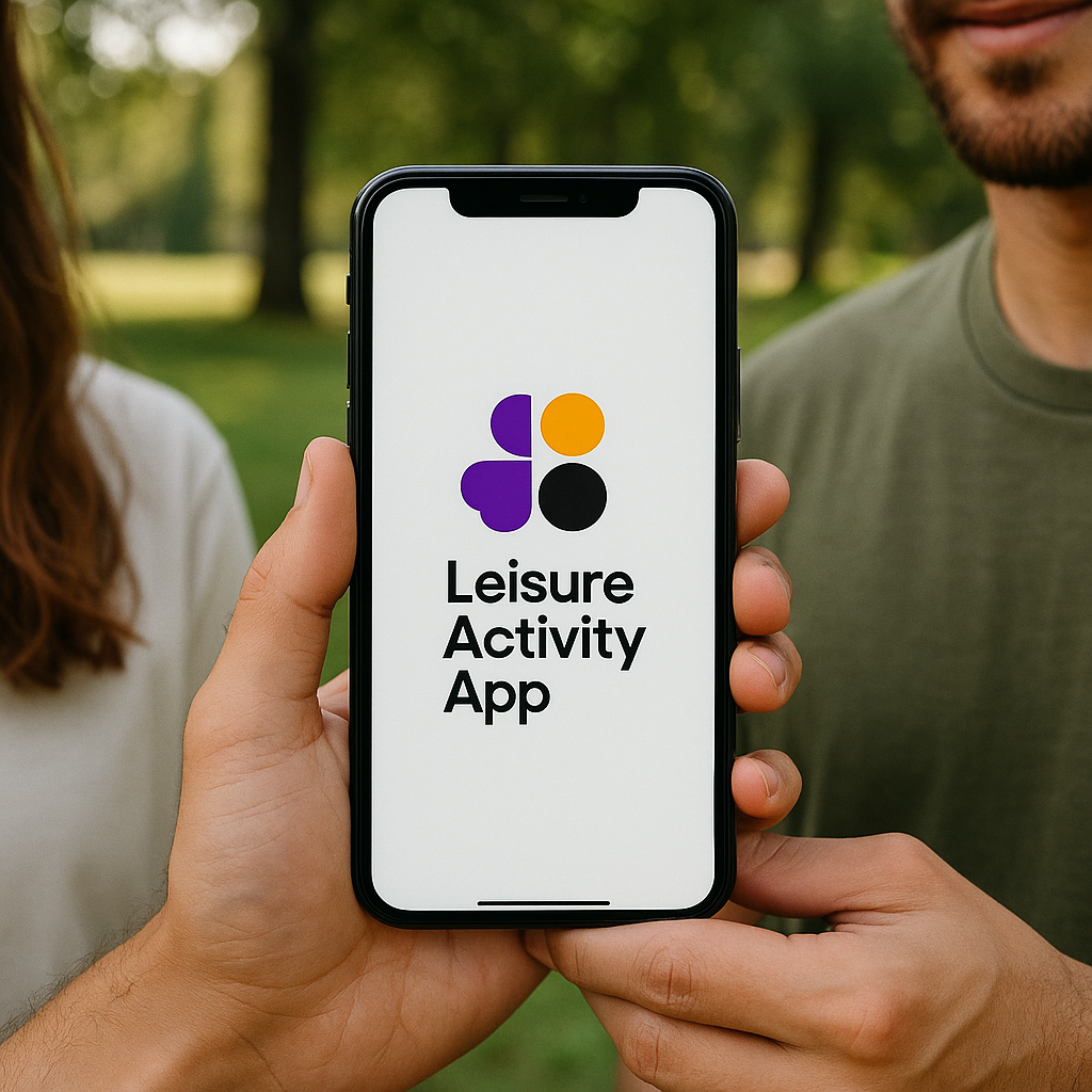 Person holding phone with Leisure Activity App
